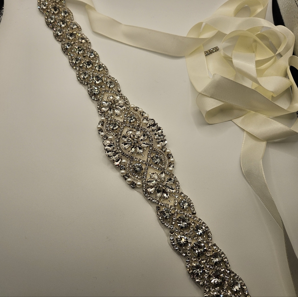 Bridal Belt Wedding Sash Rhinestone Pearl Crystal Applique Ivory Ribbon 92" New - Picture 4 of 8